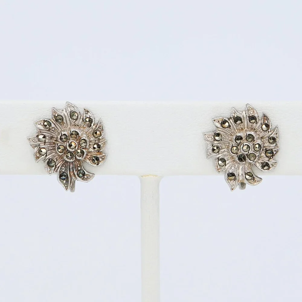 Vintage Sterling‎ Bead Set Marcasite Flower Screw Back Figural Earrings 1940s